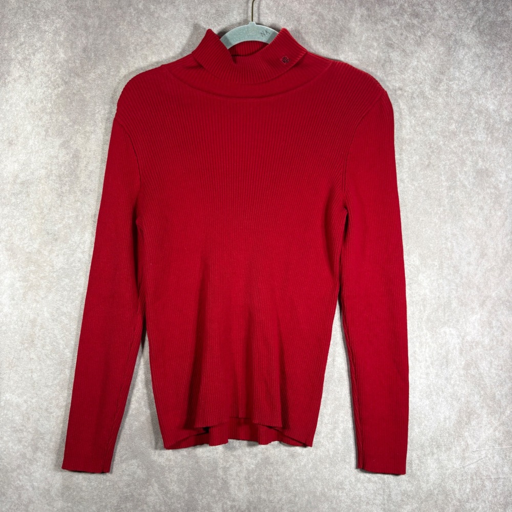 Lauren Ralph Lauren Sweater Womens L Red Turtleneck Ribbed Knit Cotton RL Logo